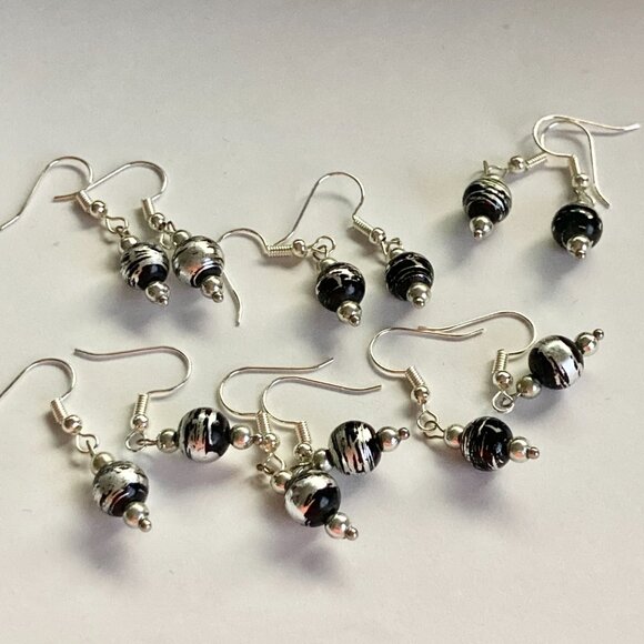 Murano Style Black Silver Art Glass Bead Earrings Plated Dainty Dangle Handmade - Picture 7 of 8